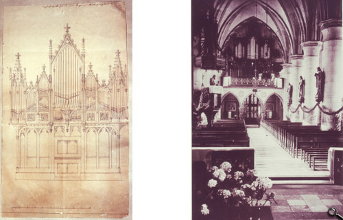 Links: Originalplan für ein neues Orgelgehäuse von Prange / Münster, ca. 1860. Rechts: Inneres der Kirche um 1910, erkennbar ist das Orgelgehäuse, wie es von Carl Krämer 1861/62 gebaut wurde - Bild gross anzeigen